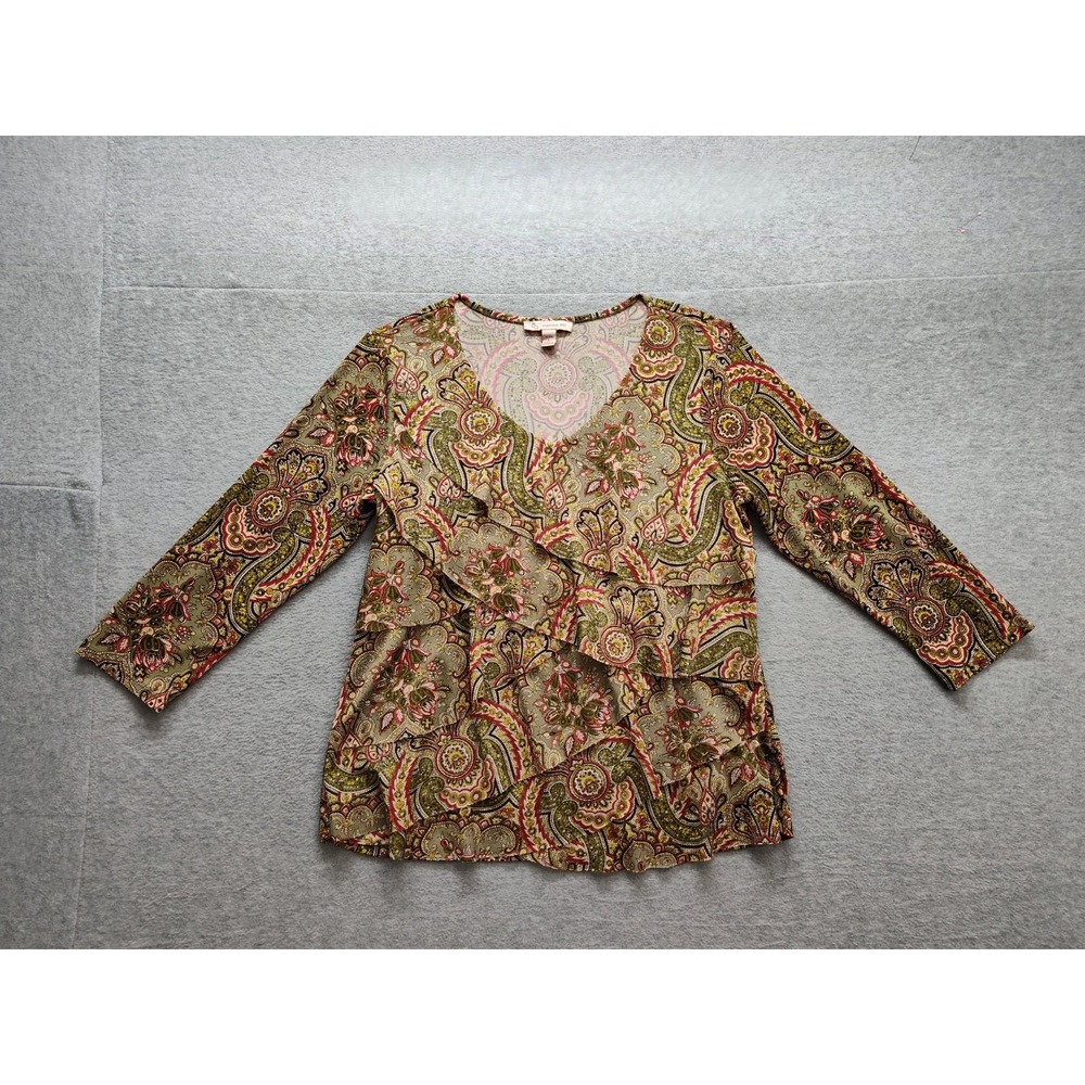 CB‎ Established 1962 Women Blouse Top PL Brown Paisley Tiered Ruffle V Neck Boho